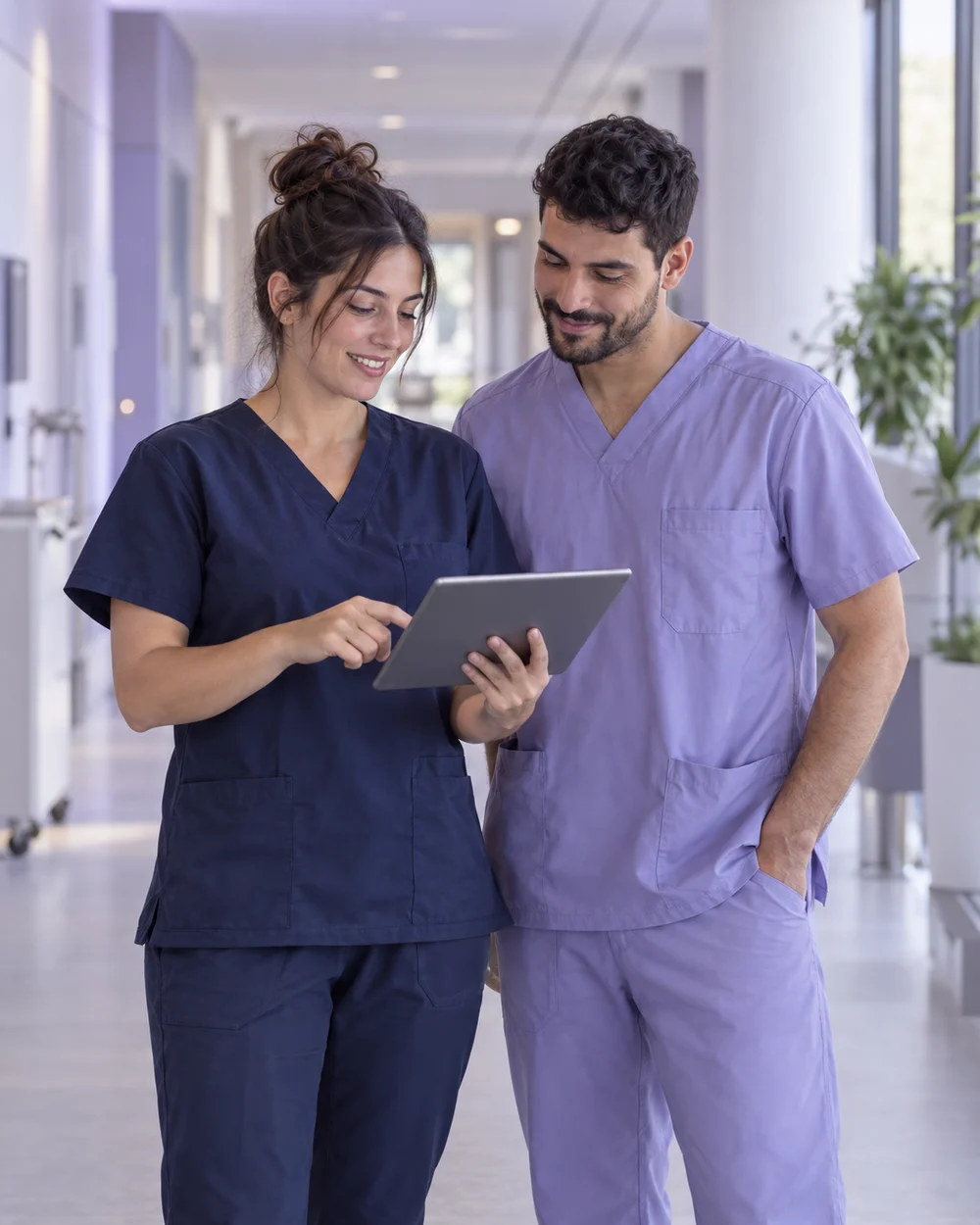 Una enfermera y un auxiliar de enfermería revisan una tablet en un hospital