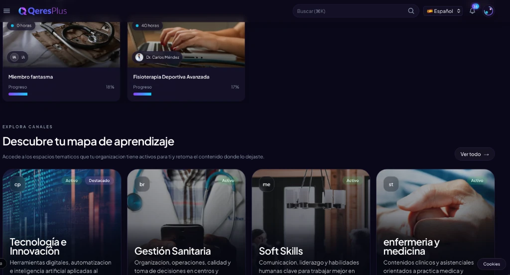 Catalogo de cursos de fisioterapia tipo Netflix en Qeres Plus